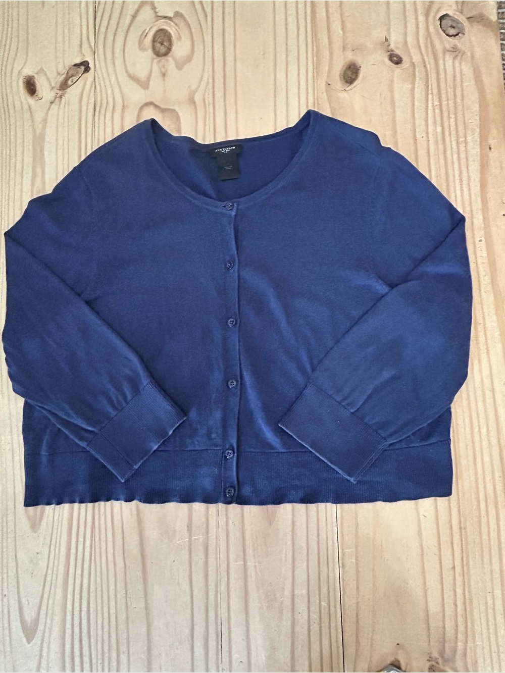 Ann Taylor Navy Button-Front Cotton Blend Short Cardigan with 3/4 Sleeves